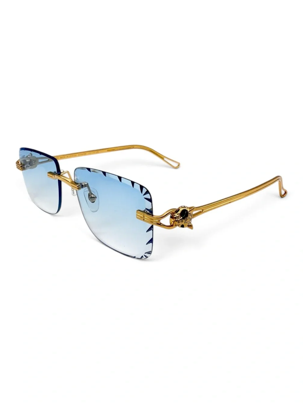 Cartier Gold Frame Blue Gradient Rimless Sunglasses with Decorative Temples